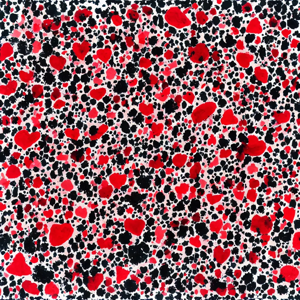 Image similar to camo made of strawberries, smiling, abstract, rei kawakubo artwork, cryptic, dots, stipple, lines, splotch, color tearing, pitch bending, color splotches, hearts, dark, ominous, eerie, minimal, points, technical, old painting