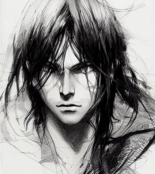 Image similar to portrait of anime boy with long hair wearing a dark robe, pen and ink, intricate line drawings, by craig mullins, ruan jia, kentaro miura, greg rutkowski, loundraw