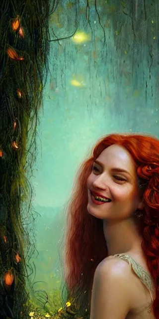 Image similar to young woman, serene smile surrounded by golden firefly lights, amidst nature fully covered by a intricate detailed dress, long red hair, precise linework, accurate green eyes, small nose with freckles, smooth oval shape face, empathic, expressive emotions, spiritual scene, hyper realistic ultrafine art by artemisia gentileschi, jessica rossier, boris vallejo