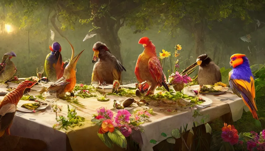 Image similar to a table dinner of exotic birds where birds are dressed like the characters from the midsommar movie wearing flowers, realistic detailed digital art by maxwell boas jessica rossier christian dimitrov anton fadeev trending on artstation cgsociety rendered in unreal engine 4 k hq