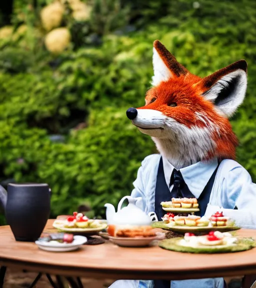Prompt: film still from the movie chappie outdoor park plants garden scene bokeh depth of field sitting down at a table having a delicious grand victorian tea party crumpets close up masterpiece portrait of a furry anthro anthropomorphic stylized fox wearing suit