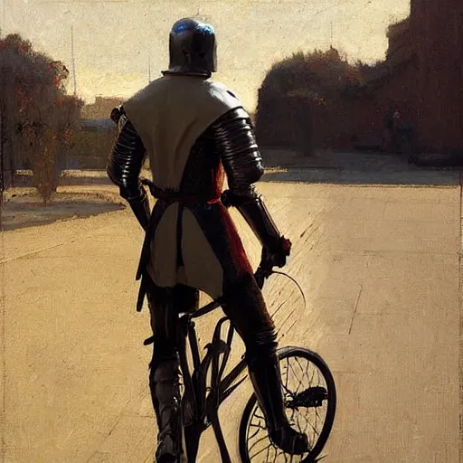 Image similar to medieval knight ridning a bycicle, 1 3 th century art, minimalist art, by jeremy lipking, digital art, sunlit