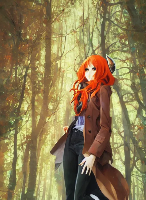 Image similar to portrait painting by shigenori soejima, girl with fox ears, long wavy orange hair, light brown trenchcoat, forest background, focus on face, pretty, cinematic lighting, painterly