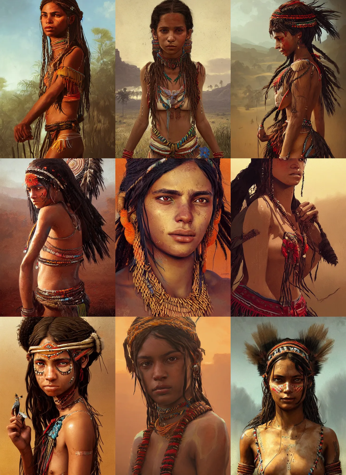 Prompt: highly detailed portrait of a a brazilian girl wearing brazilian tribal clothing, determined. red dead redemption art, unreal engine, fantasy art by greg rutkowski