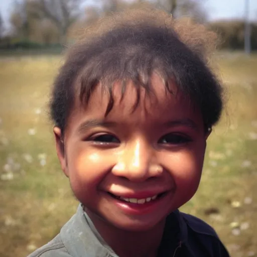 Image similar to old photo, child grinning with reflective eyes