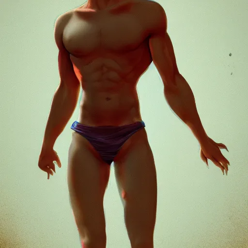 Prompt: a male devil wears a swimming trunks , hell, landscape, pride, rainbow, environment, artstation