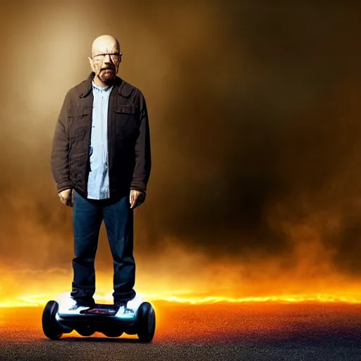 Image similar to photo of walter white standing on a hoverboard with an exploding car behind him, color, cinematic lighting