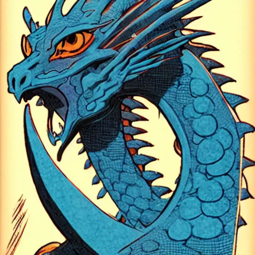 Prompt: head and shoulders portrait of a medieval d & d fantasy anthropomorphic blue dragon - headed sorcerer, comic book cover art by phil noto and frank miller