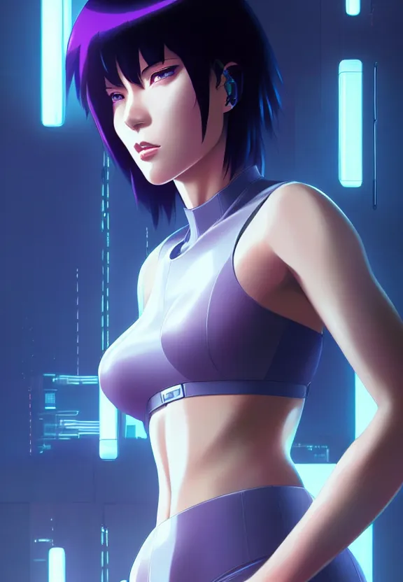 Image similar to a fullbody portrait of motoko kusanagi the major ghost in the shell : : connected to cables, under repairs, maintenance area, technicians : : by ilya kuvshinov, rossdraws, artgerm, sola digital arts, anti aliasing, raytracing : :