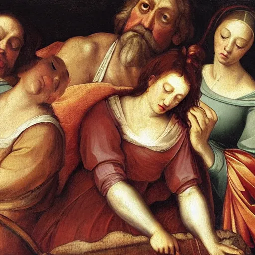 Prompt: renaissance style painting of a sleeping giant curled into themselves