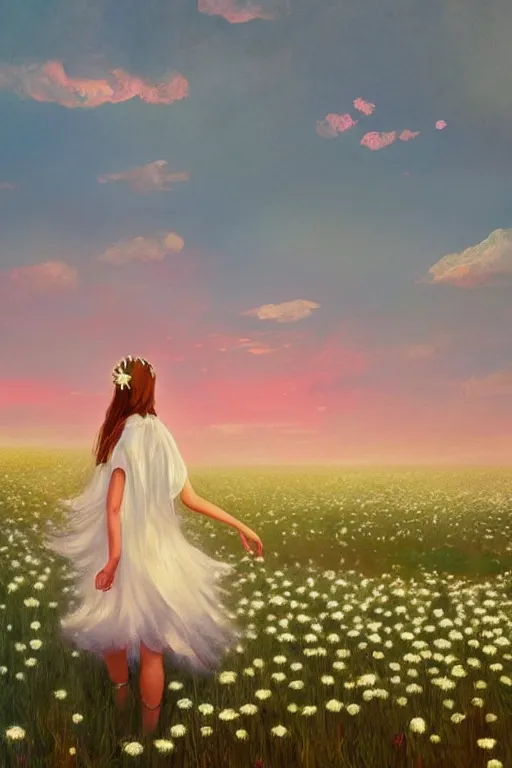 Image similar to giant white daisy flowers as head veil, girl walking in a flower field, surreal photography, sunrise, dramatic light, impressionist painting, colorful clouds, digital painting, artstation, simon stalenhag