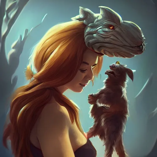 Prompt: portrait of a woman and her giant monster pet, artstation