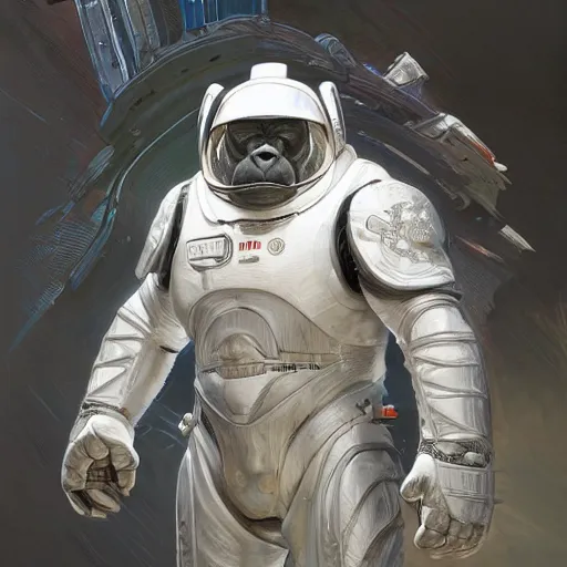 Image similar to detailed science - fiction character portrait of a silverback gorilla wearing a white armored space suit, intricate, wild, highly detailed, digital painting, artstation, concept art, smooth, sharp focus, illustration, art by artgerm and greg rutkowski and alphonse mucha