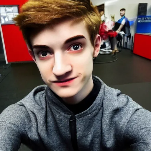 Image similar to “a realistic detailed photo of a guy who is an attractive humanoid who is half robot and half humanoid, who is a male android, twitch streamer Ninja Tyler Blevins, shiny skin, posing like a statue, blank stare”