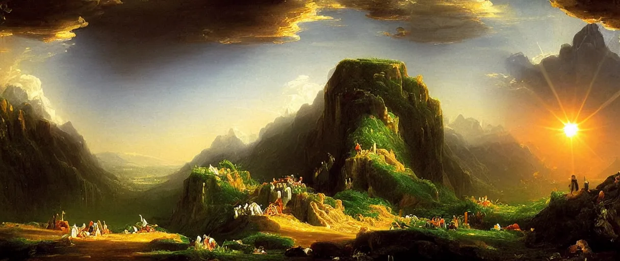 Prompt: what were we doing when we unchained this earth from its sun? whither is it moving now? whither are we moving? away from all suns? are we not plunging continually? backward, sideward, forward, in all directions?, in the style of an awe - inspiring thomas cole oil painting on canvas