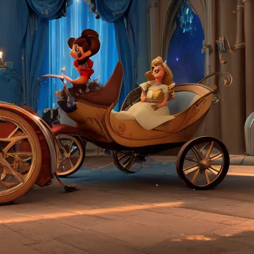 Prompt: disney inspired cindrella and her magic chariot, hi definition, photo realistic painting, octane render, 8 k, art station, unreal engine, beautiful details,