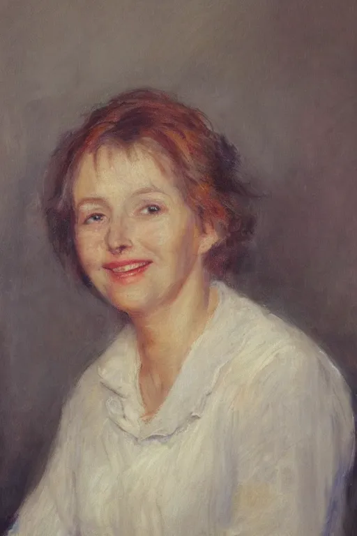 Prompt: A beautiful portrait of your mother smiling sweetly by Frederick McCubbin on artstation