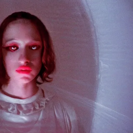 Image similar to movie still of a girl with third eye, cinematic composition, cinematic light, by edgar wright and david lynch