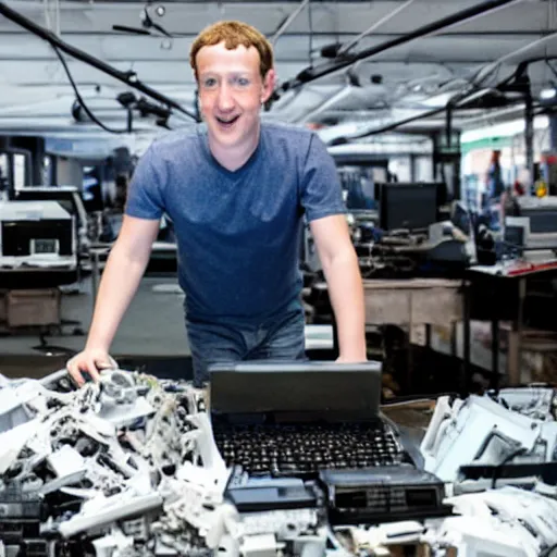 Image similar to mark zuckerberg alone in an ally with broken computer parts. photograph.