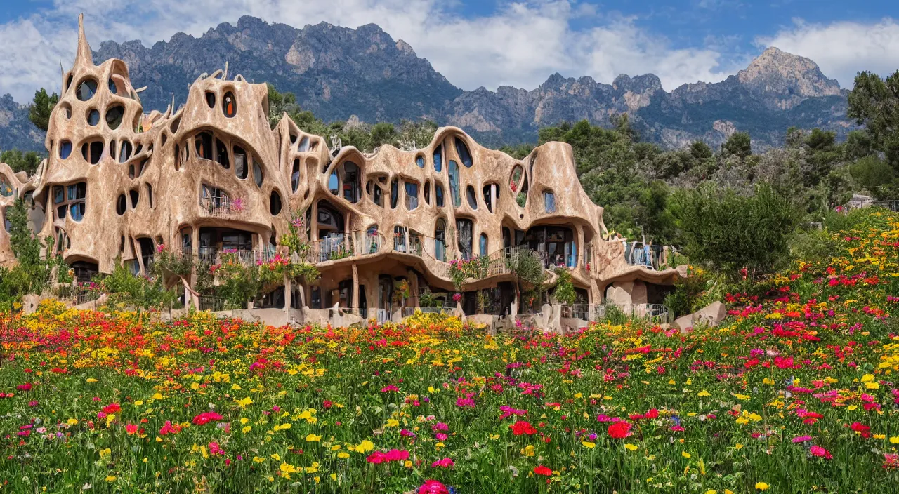 Image similar to a house designed by Antoni Gaudí, with flower fields as foreground, with mountains as background