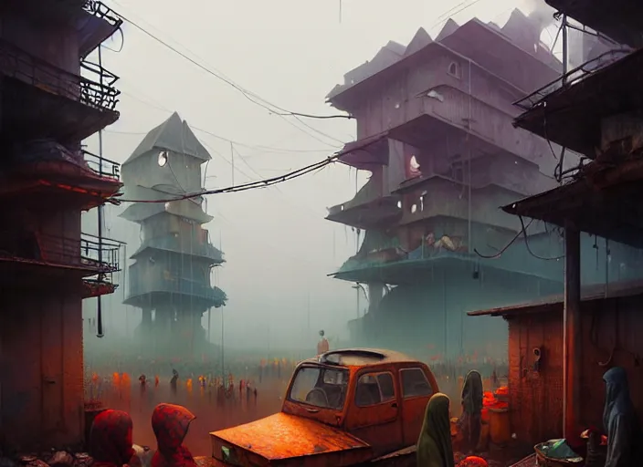 Prompt: waiting in line for cold soup by simon stalenhag and gil elvgren and tom bagshaw and marc simonetti and jan miense molenaer, slums, highly detailed, hyperrealism, dreary, cold, cloudy, grey, smog, high contrast, solarpunk, futurepunk, high saturation, intricate complexity