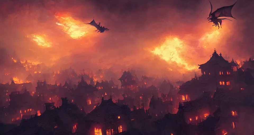 Image similar to book illustration of flying dragon above the village. Burning houses dragon fire breath. Atmospheric beautiful by Eddie mendoza and Craig Mullins. volumetric lights