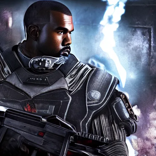 Image similar to Portrait of Kanye West in Gears of War, splash art, movie still, cinematic lighting, dramatic, octane render, long lens, shallow depth of field, bokeh, anamorphic lens flare, 8k, hyper detailed, 35mm film grain