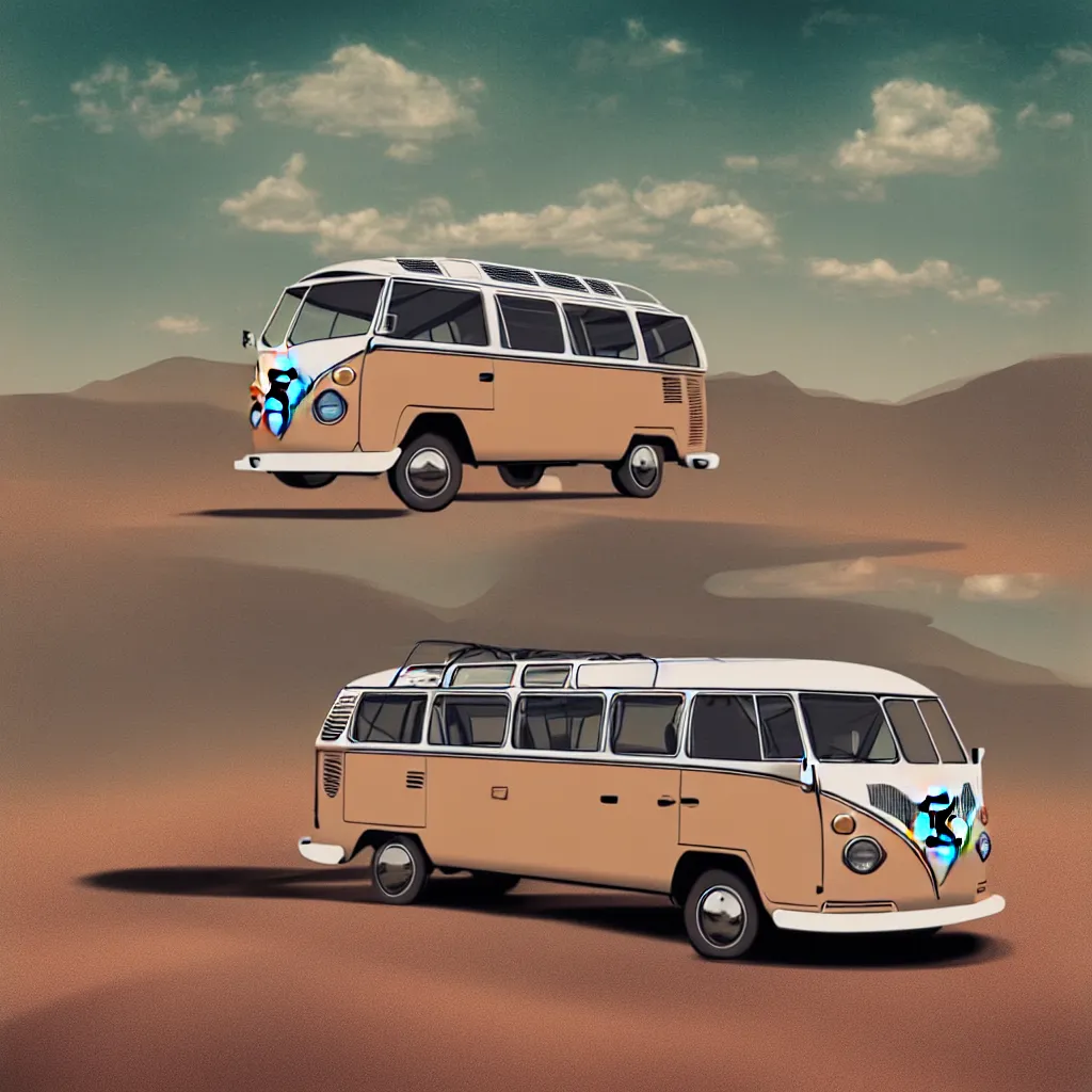 Prompt: an beige old vw bus on a road trip on an american highway with dry dessert land background, high detail, portrait, cinematic, epic composition, digital painting, digital art, masterpiece