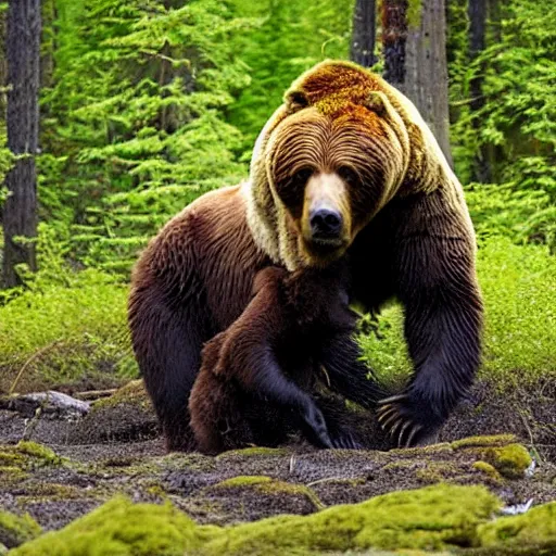 Image similar to kodiak bear fighting a ninja in a forest clearing
