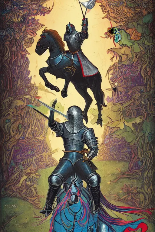 Image similar to medieval knight riding a horse in a magic kingdom pointing into the sky, shiny armor, colorful forest with flying faires, wizards and magic mushrooms in the background, illustrated by james jean, very detailed, comicbook cover