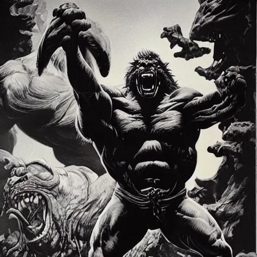 Image similar to hairy, thick muscled, overbearing, hungry, menacing, giant painted by bernie wrightson, boris vallejo, frazetta