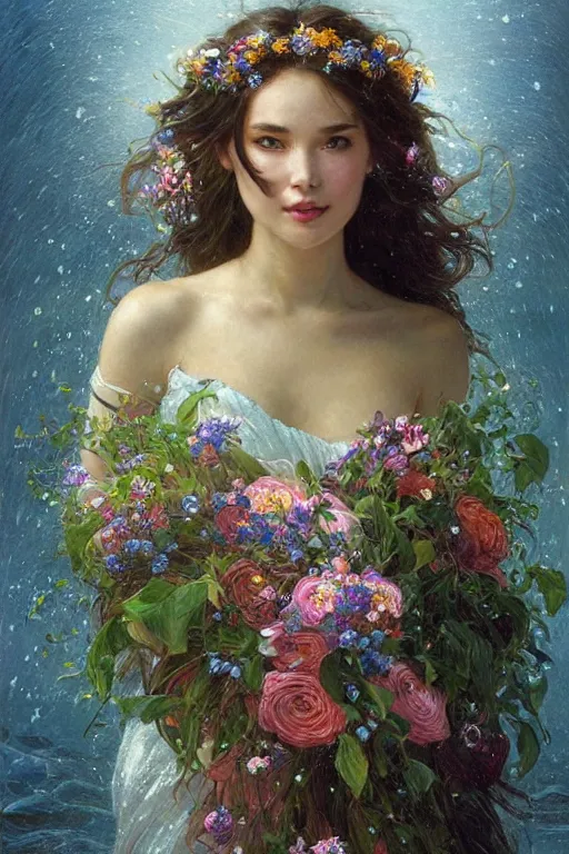 Image similar to portrait of a beautiful mysterious woman holding a large bouquet of flowing flowers, wet dripping long hair, hands disappeared under the bouquet, emerging from the water, fantasy, regal, intricate, by stanley artgerm lau, greg rutkowski, thomas kindkade, alphonse mucha, loish, norman rockwell