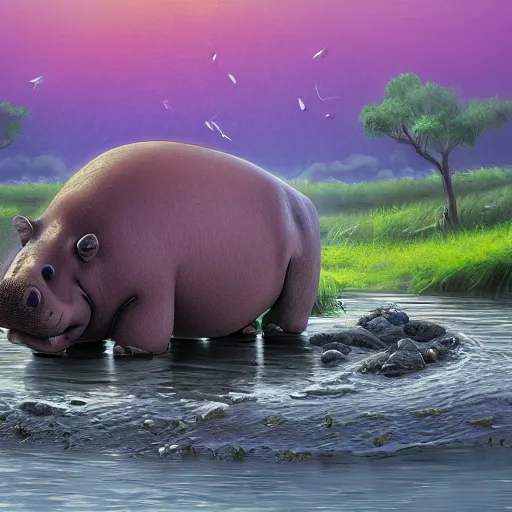 Prompt: sad hippo waking up in a beautiful river landscape, trending on artstation