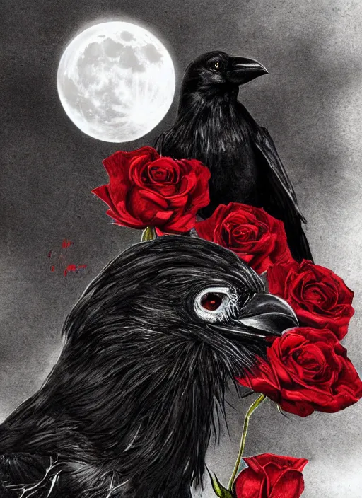 Image similar to portrait, A crow with red eyes in front of the full big moon, book cover, red roses, red white black colors, establishing shot, extremly high detail, foto realistic, cinematic lighting, pen and ink, intricate line drawings, by Yoshitaka Amano, Ruan Jia, Kentaro Miura, Artgerm, post processed, concept art, artstation, matte painting, style by eddie mendoza, raphael lacoste, alex ross