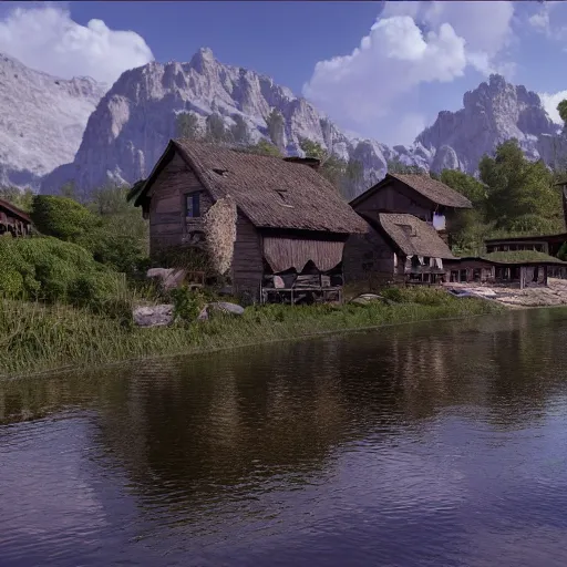 Prompt: a village built on a tarn, mountain lake, highly detailed, 8k, Unreal Engine, render