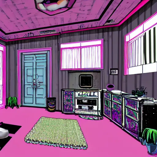 Prompt: an interior of a house, designed in cassettepunk aesthetic