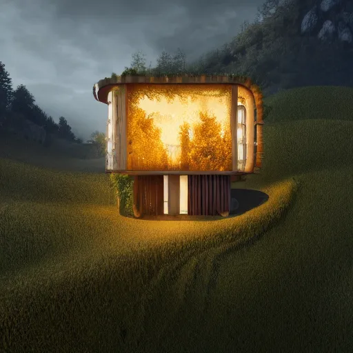 Image similar to small hillside house made of honey, modern lighting, hyper - realistic, hyper - detailed, 8 k, octane rendered, art nouveau, organic, flowing, impossible torsion, writhing, lush, dynamic