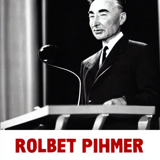 Prompt: color photo of robert oppenheimer giving ted talk