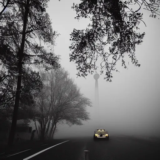 Image similar to television tower behind the trees at night with a man and car on the road in front with the fog, in the style of david lynch, movie camera low aperture