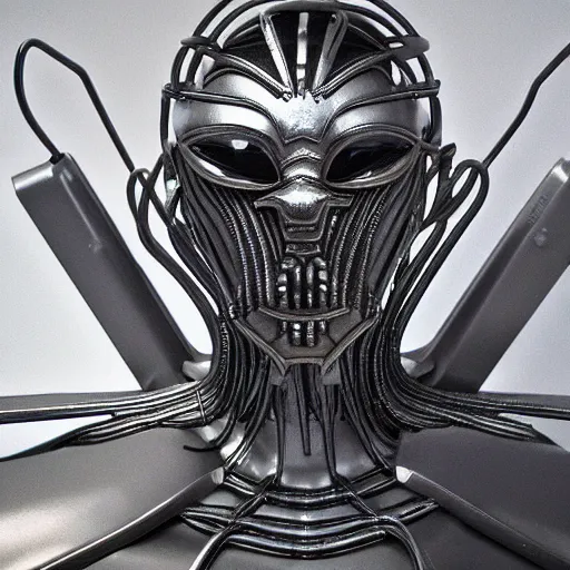 Image similar to a close up of a mask on a table, cyberpunk art by Giger, zbrush central contest winner, afrofuturism, made of paperclips, darksynth, made of liquid metal