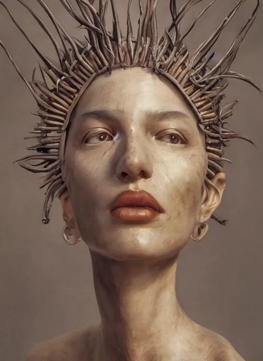 Image similar to sculpture made of wood, portrait, female, future, shaman, harper's bazaar, vogue, magazine, intricate, concept art, close up, ornate, luxury, elite, elegant, trending on artstation, by ruan jia, by Kenneth Willardt, by ross tran, by WLOP, by Andrei Riabovitchev,