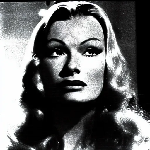 Prompt: veronica lake in a 1980s horror movie, movie still, dramatic lighting