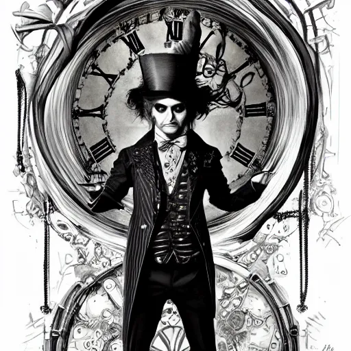 Image similar to The Mad Hatter standing in front of a twisted clock in Gothic-Steampunk style, highly detailed, artstation, intricate, gothic, steampunk, smooth, sharp focus, dark, horror, illustration, art by greg rutkowski and Yuumei, good clear quality, lighting, biology, symmetrical artwork, perfect face, 135 mm, cinematic, hyper realism, high detail, octane render, 8k, crimson highlights