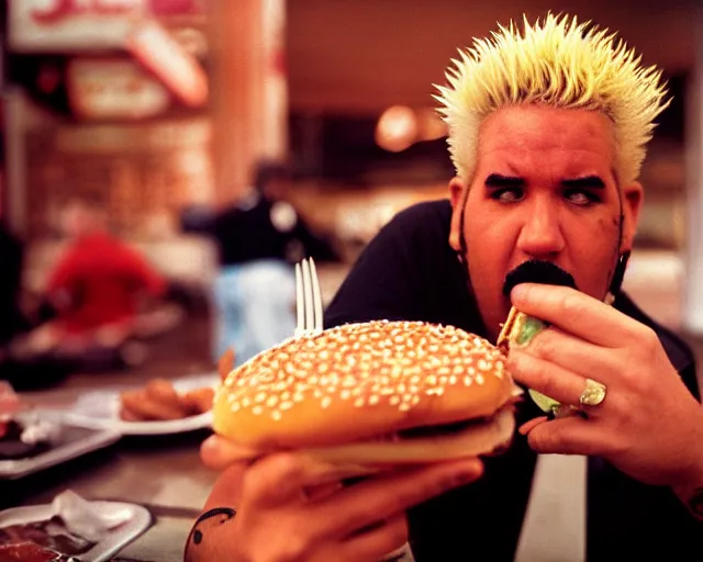 Prompt: dramatic color photo of guy fieri eating a burger, detailed and creepy, by william eggleston, fujifilm velvia 5 0, color photography, sigma 2 8 mm