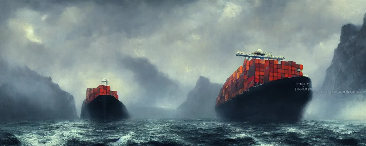 Image similar to paintifng of container ship containership colossus near misty black cliffs over steamy water by repin, matte painting, detailed, amazing, 4k resolution