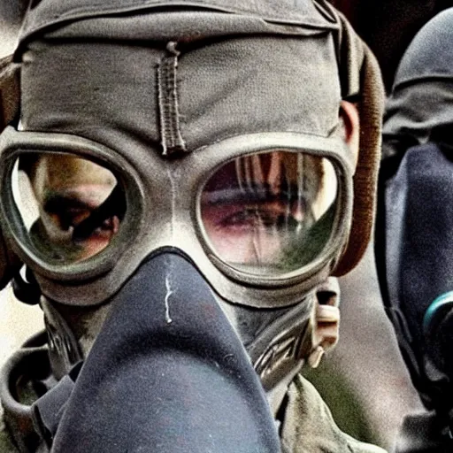 Prompt: russian soldiers in gas masks found the last surviving ukrainian after a nuclear war