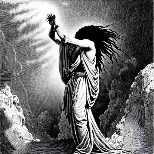 Image similar to cheef keef ascending into heaven holding stacks of cash, biblical image, style of gustave dore, highly detailed, beautiful, high contrast, black and white