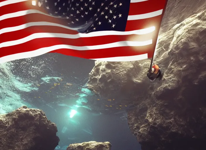 Prompt: astronaut underwater putting a flag on the bottom of the ocean. in the background, a submarine is visible. dark, cinematic, dramatic, digital art, blender, photorealistic, octane render, 8 k, volumetric lighting, trending on artstation