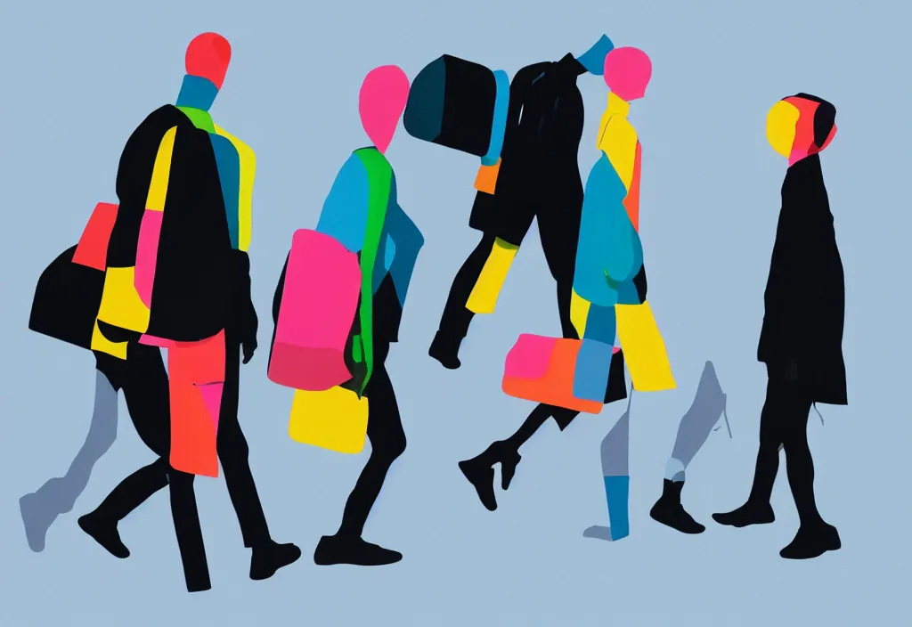 Image similar to full body portrait of a duo of young english tourists travel apparel, various poses walking and carrying luggage, geometric character designs painting, in the style of wes anderson, rene magritte, lola dupre, david hockney, isolated on white background, dark monochrome neon spraypaint accents octane render