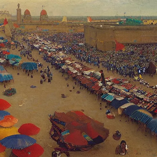 Prompt: dahomey officials with flat colorful umbrellas in ahomey's huge main square, from above, 1905, highly detailed, oil on canvas, by ilya repin